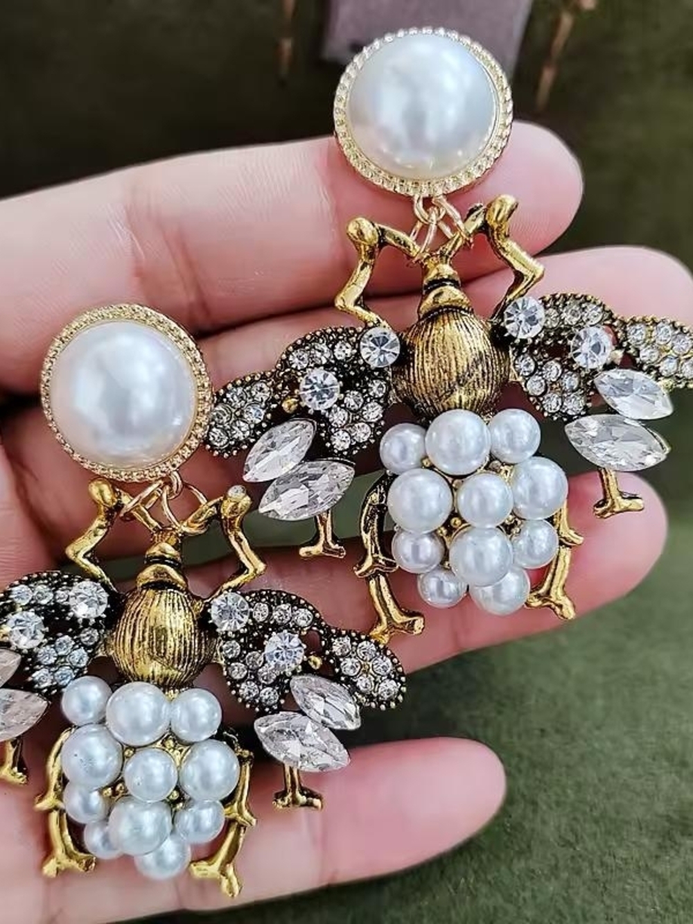 Gold and Pearl Bee Drop Earrings - Picture 5 of 5